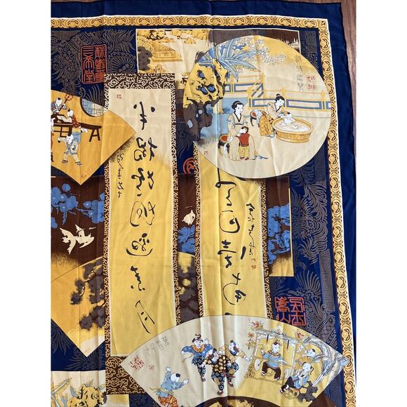 NEW Asilk Women’s Traditional Japanese SILK Scarf 42” Square Yellow & Blue Fine! - Picture 5 of 7